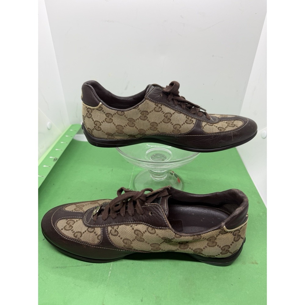 Gucci Women Sneakers Canvas Leather Lace Up GG Brown Size 38 US 7.5 164135